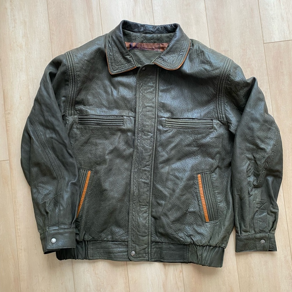 Vintage Green Leather Bomber Jacket